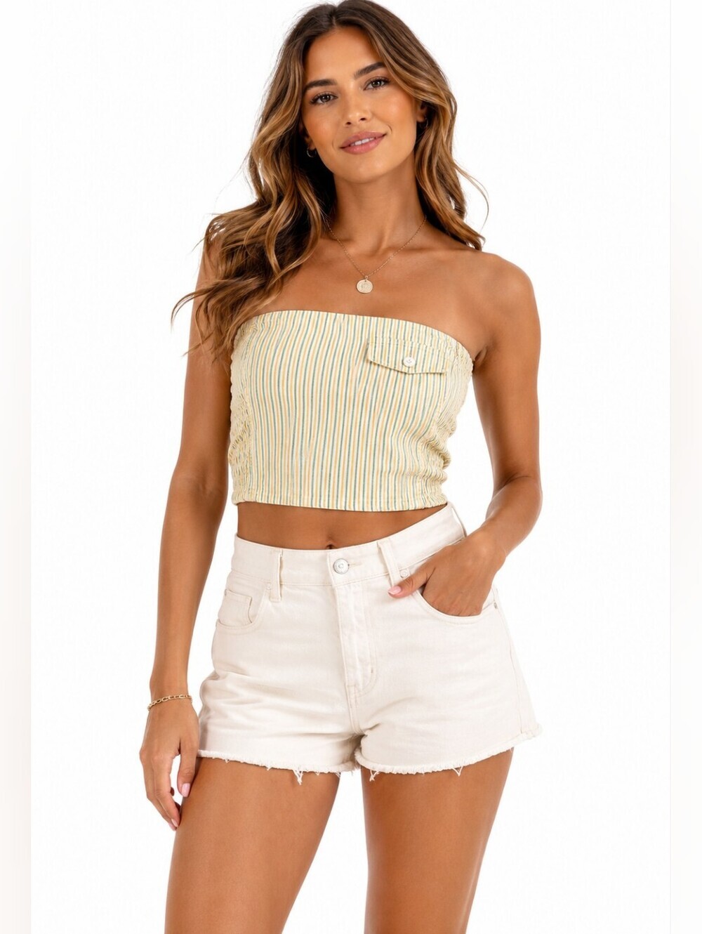 Zara Strapless Bandeau Crop Top XL Green Cream Stripe NWT